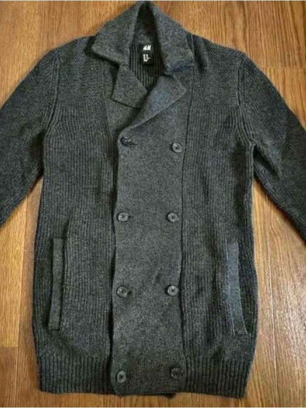 H&M Men's Charcoal Gray Double-Breasted Pea Coat Sweater